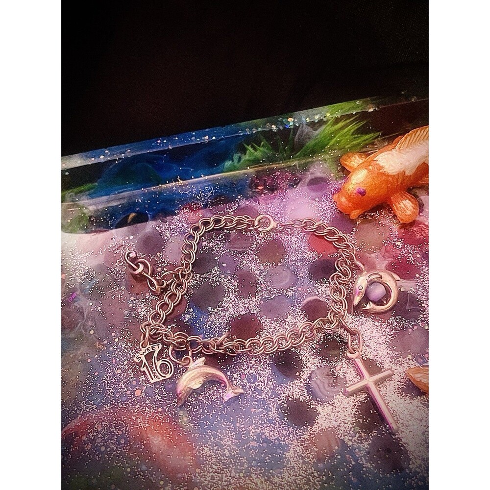 Antique Vintage Sterling Silver Charm Bracelet (Dolphin, Cross, Treble Clef)